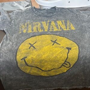NIRVANA Women’s size small black and Yellow Smiley T-Shirt